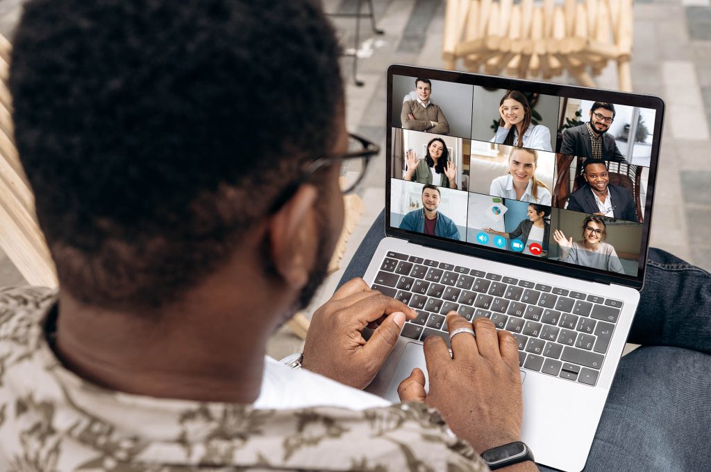 video conference business colleague comminacation online freelancer distant work laptop man woman
