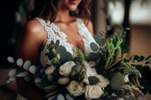 beautiful bride in a white gown cradling a bouquet of eucalyptus